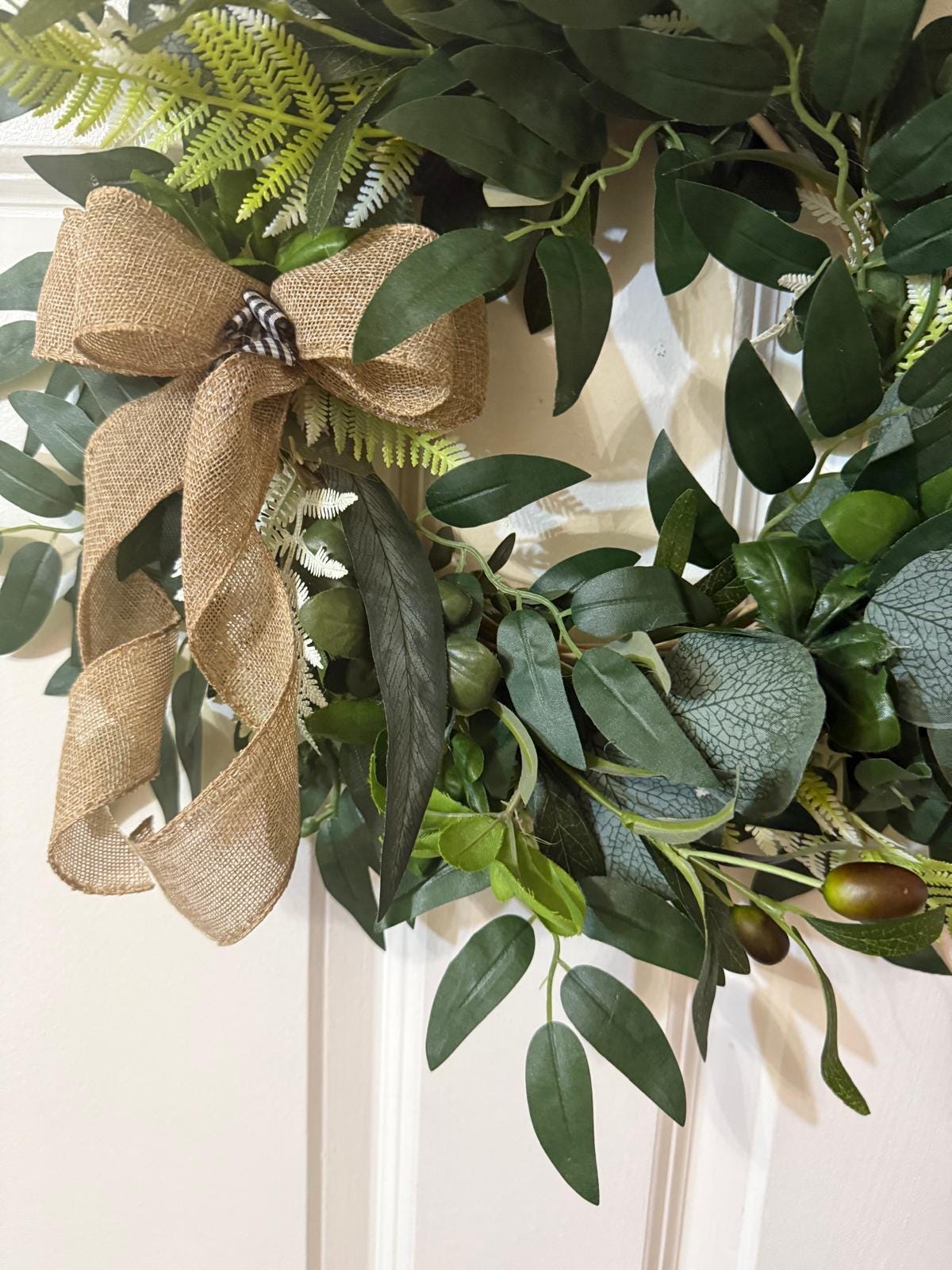 Handmade Eucalyptus Wreath with Fern Olives Leaves, Burlap Ribbon Bow,
