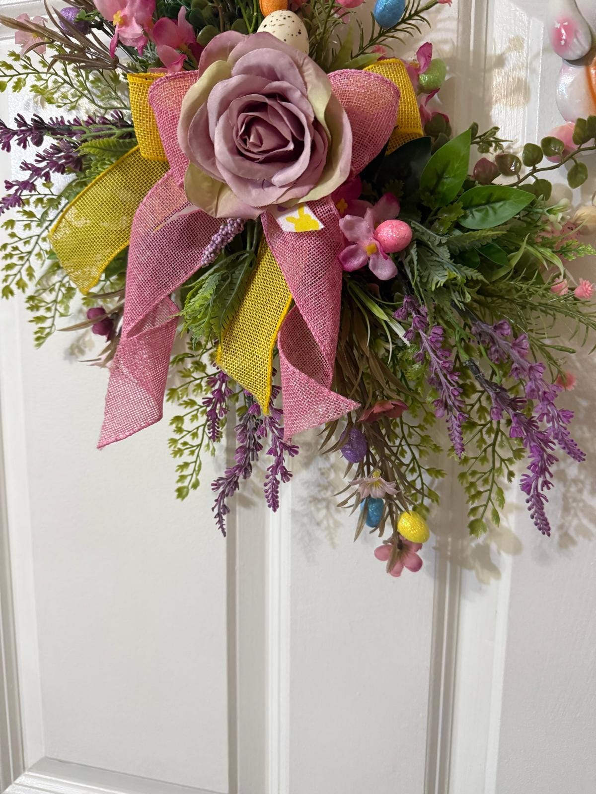 Handmade Easter Bunny Wreath, Lavender Floral, Pastel Egg Decor