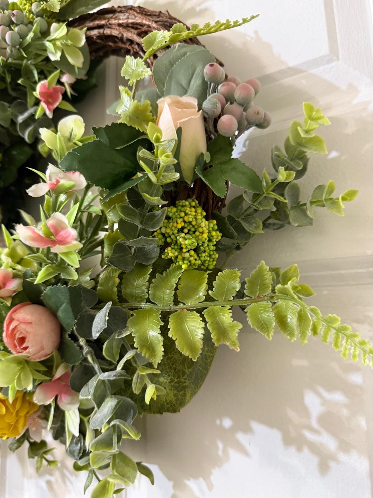 Spring, Summer Floral Wreath with Yellow Hydrangeas & Pink Roses, Fern, eucalyptus leaves