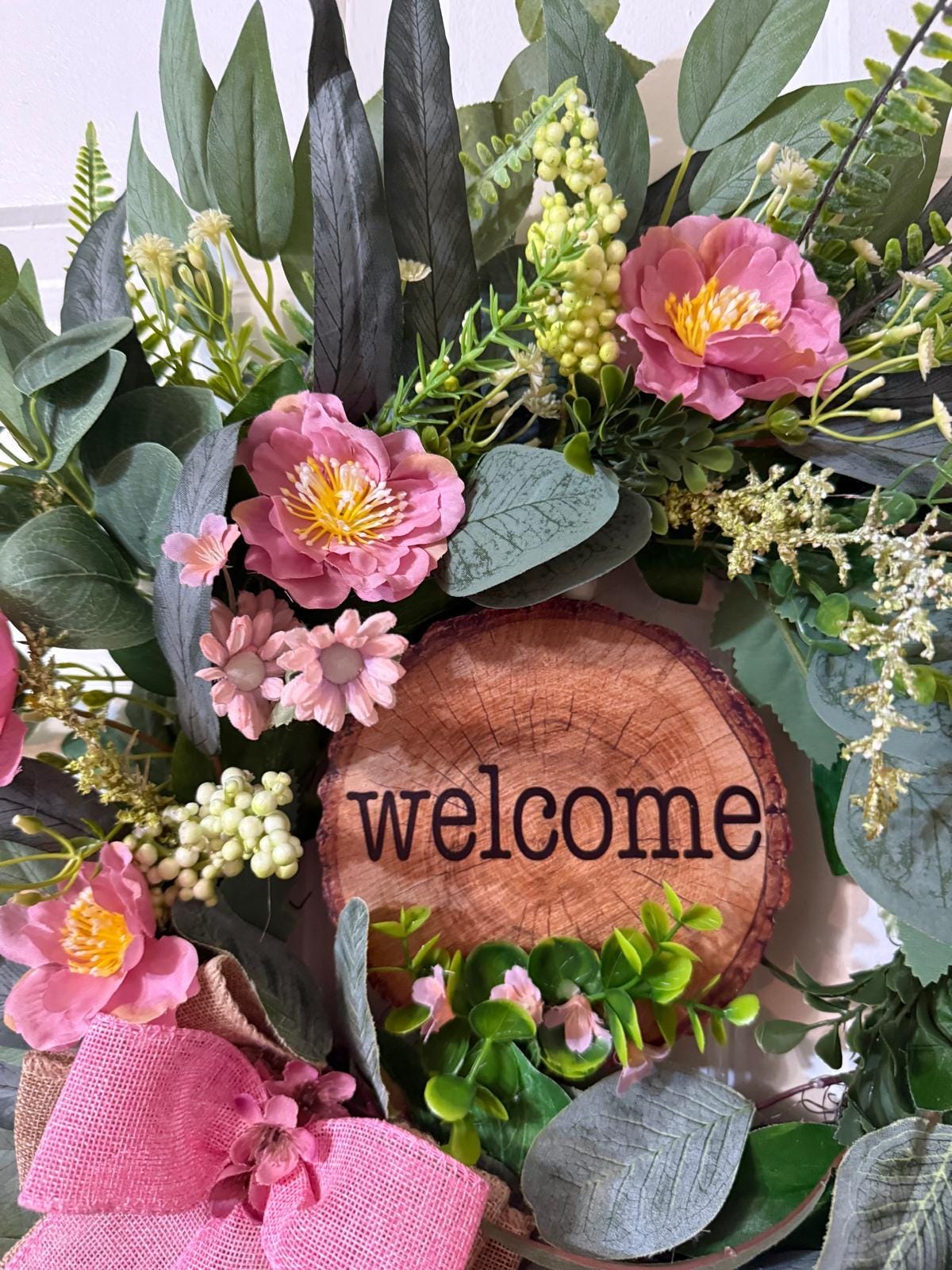 Handmade Welcome Wreath with Pink Roses,Eucalyptus Leaves, Burlap Ribbon