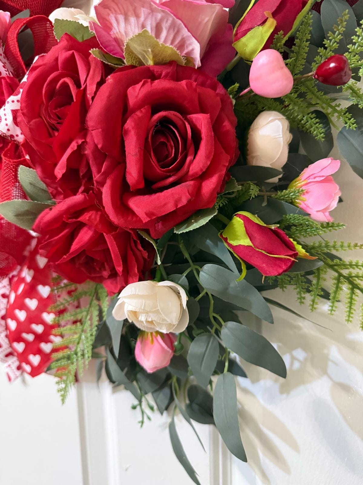 Valentine's Day Handmade Rose Heart Wreath with Pink, Red Roses, Fern , Willow leaves