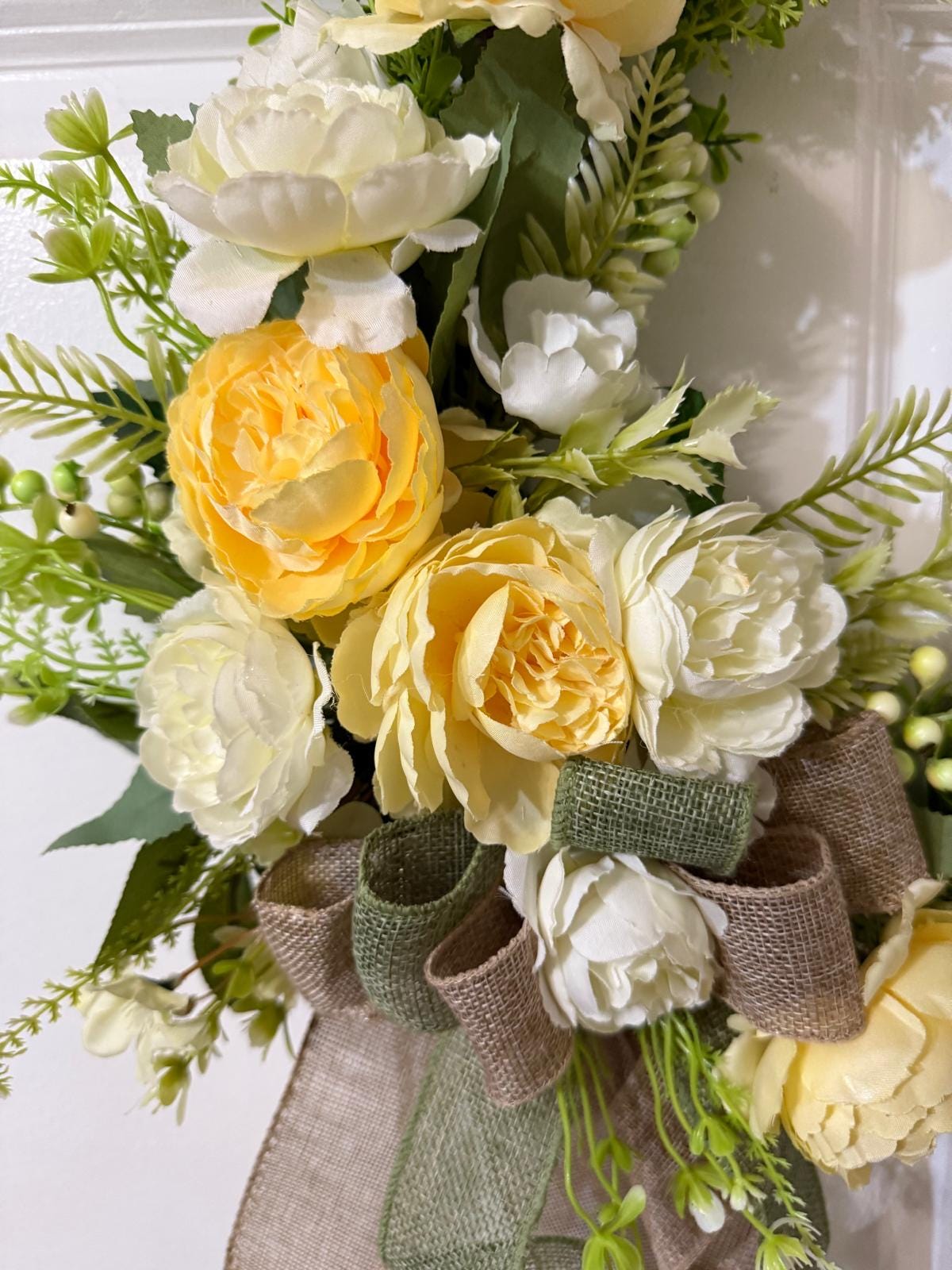 Handmade Peony Hoop Wreath, Fern, Lamb’s Ear Leaves, Burlap Ribbon Bow, 17 Inches