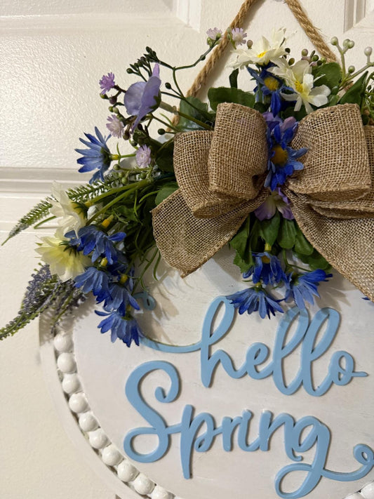 Handmade Hello Spring Door Hanger, Farmhouse Floral Sign with Burlap Bow