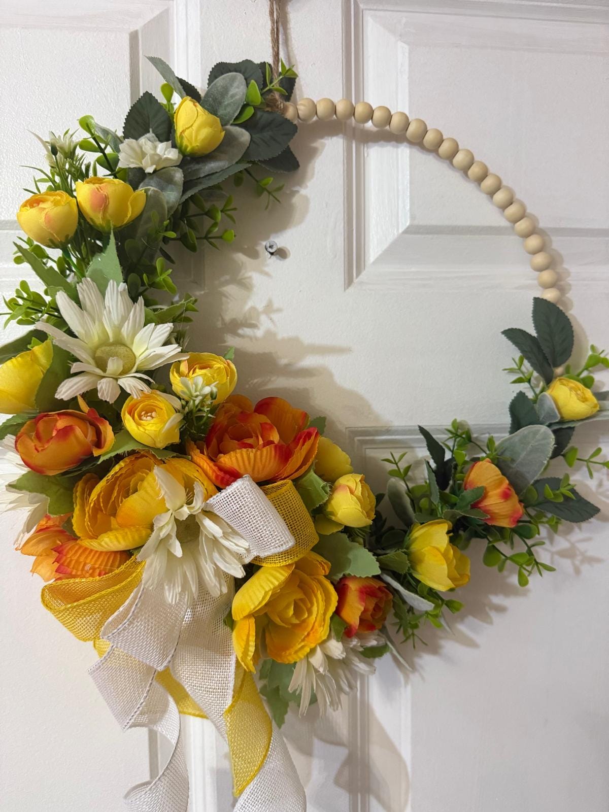 Handmade Beaded Peony Hoop Wreath, with Eucalyptus & Lamb’s Ear Leaves , Burlap Ribbon Bow