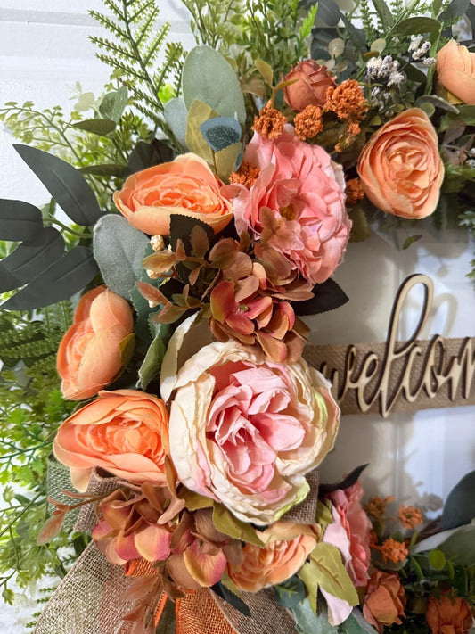 Peach Rose Welcome Wreath | Farmhouse Front Door Decor