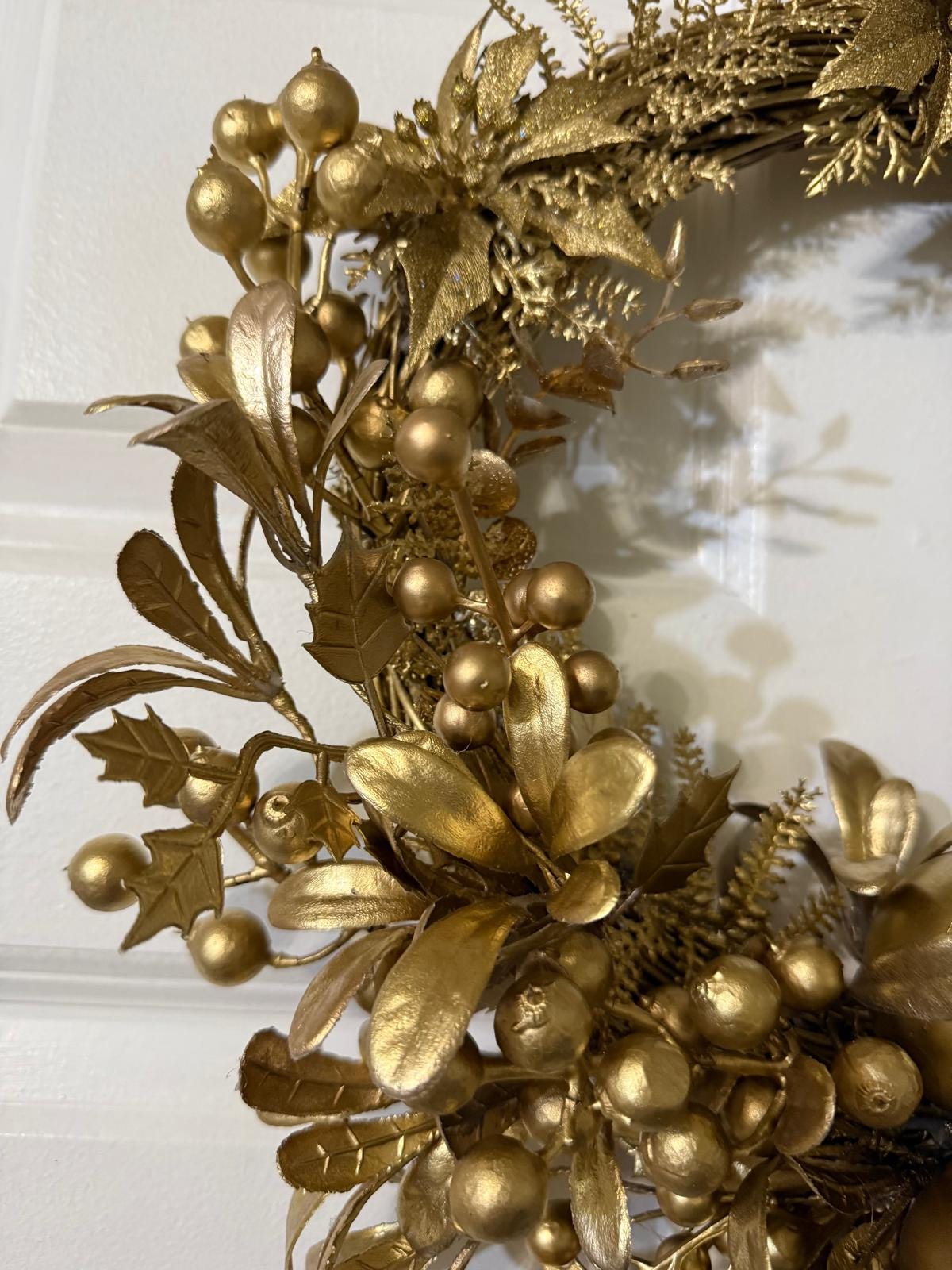Handmade Gold Winter Wreath with Ornaments Berries, Leaves | Elegant Holiday Front Door Wreath | Glam Luxury Home Decor