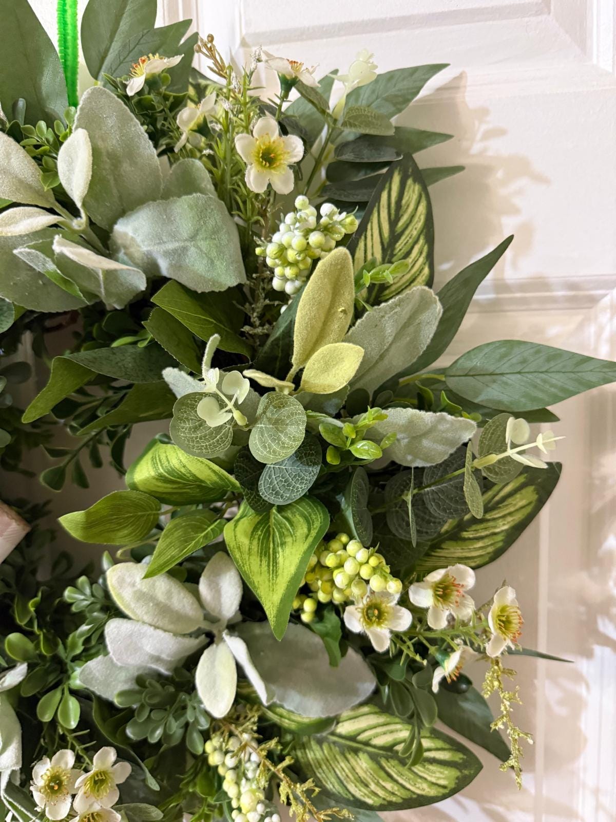 Handmade Eucalyptus Wreath with Lamb’a Ear & Fern Leaves with Gingham Ribbon Bow (22 inches)