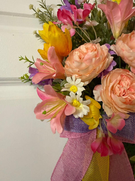 Peach Rose & Tulip Door Basket, Cottagecore Spring Floral Arrangement