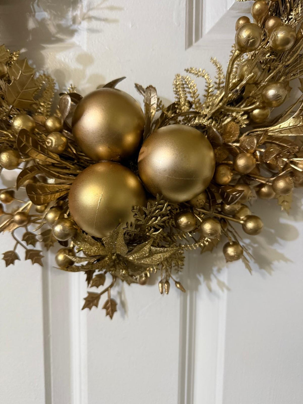 Handmade Gold Winter Wreath with Ornaments Berries, Leaves | Elegant Holiday Front Door Wreath | Glam Luxury Home Decor