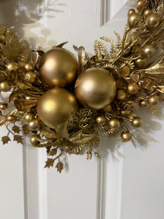 Handmade Gold Winter Wreath with Ornaments Berries, Leaves | Elegant Holiday Front Door Wreath | Glam Luxury Home Decor
