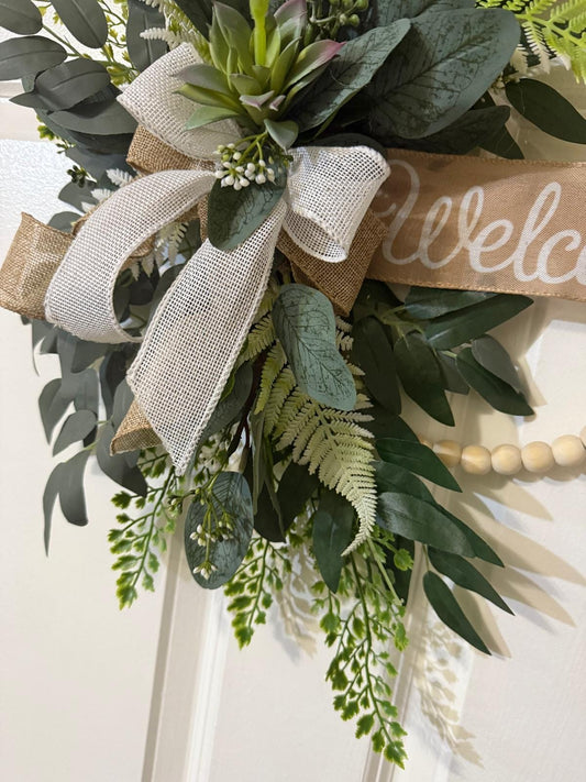 Handmade Welcome Eucalyptus & Fern Wreath, Burlap Ribbon Bow Front Door Decor