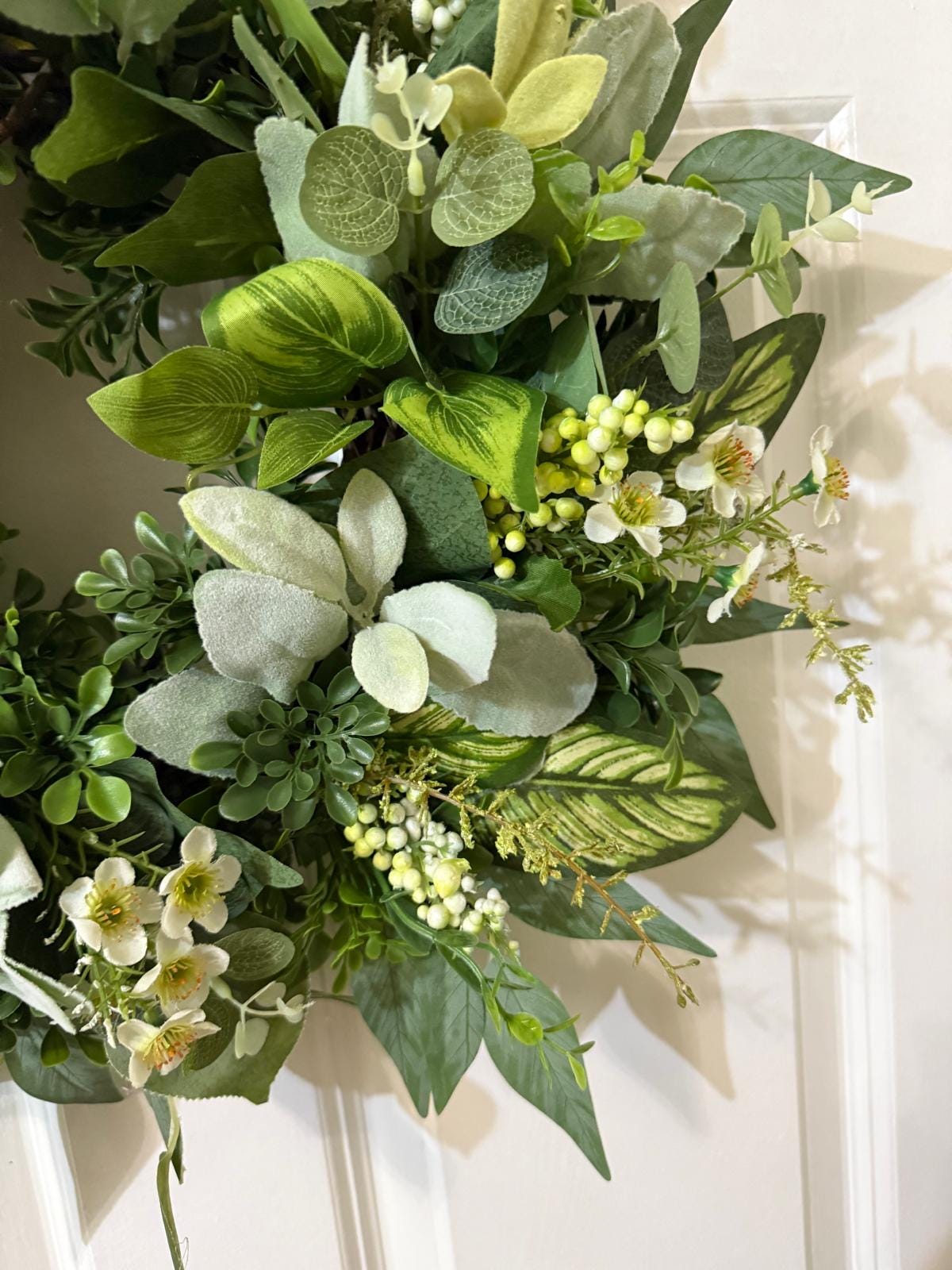 Handmade Eucalyptus Wreath with Lamb’a Ear & Fern Leaves with    Gingham Ribbon Bow (22 inches)