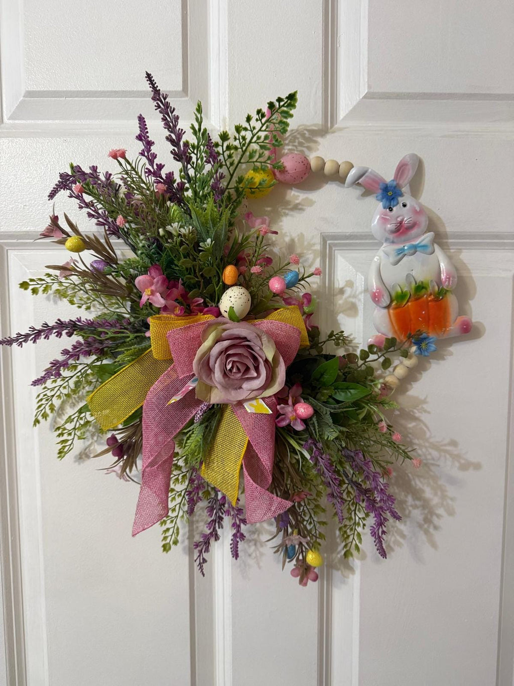 Handmade Easter Bunny Wreath, Lavender Floral, Pastel Egg Decor