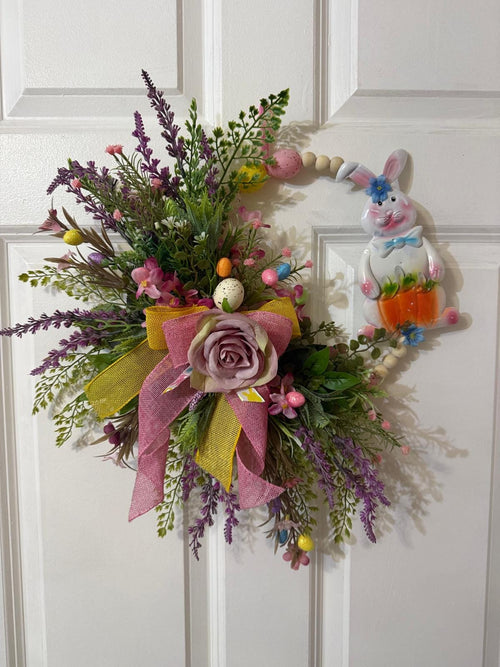 Handmade Easter Bunny Wreath, Lavender Floral, Pastel Egg Decor