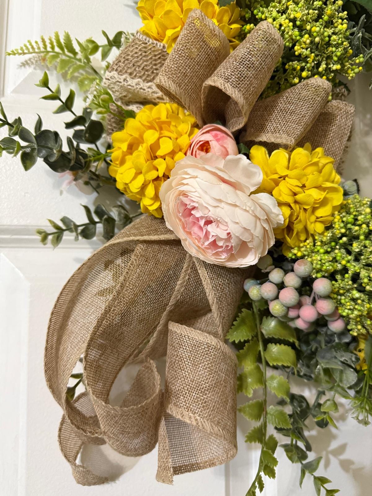 Spring, Summer Floral Wreath with Yellow Hydrangeas & Pink Roses, Fern, eucalyptus leaves