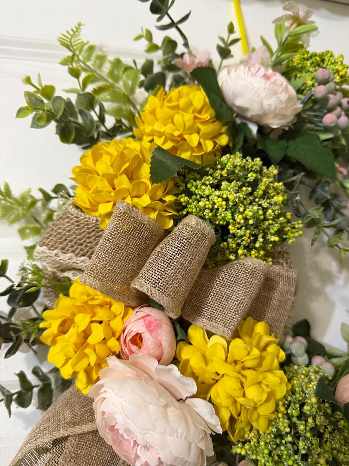 Spring, Summer Floral Wreath with Yellow Hydrangeas & Pink Roses, Fern, eucalyptus leaves