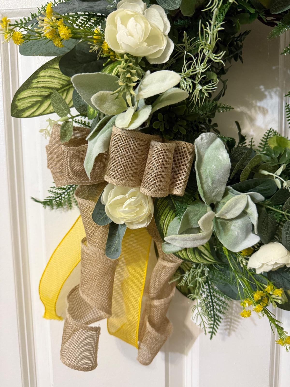 Handmade Eucalyptus Wreath with Lamb’s Ear & Fern Leaves, White Peony Flowers, Burlap Ribbon Bow