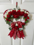Valentine’s Day Handcrafted Romantic Wreath with Red & White Roses, Heart Decor, Ribbon