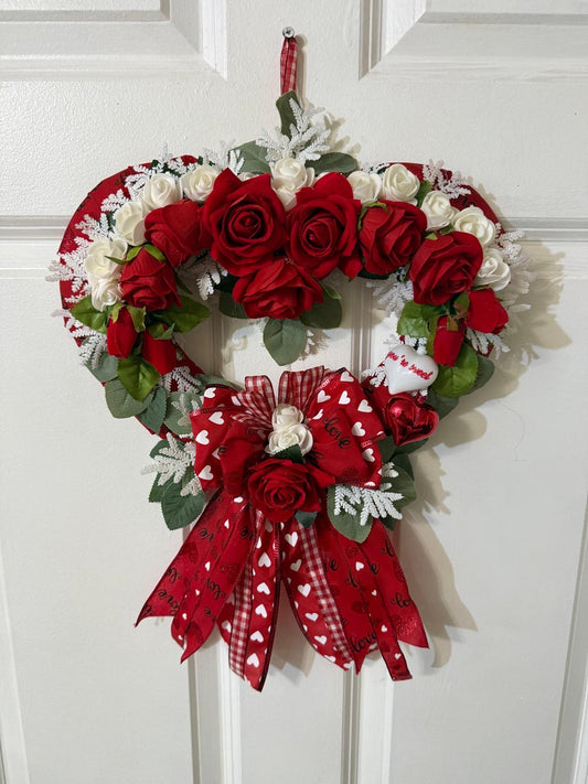 Valentine’s Day Handcrafted Romantic Wreath with Red & White Roses, Heart Decor, Ribbon