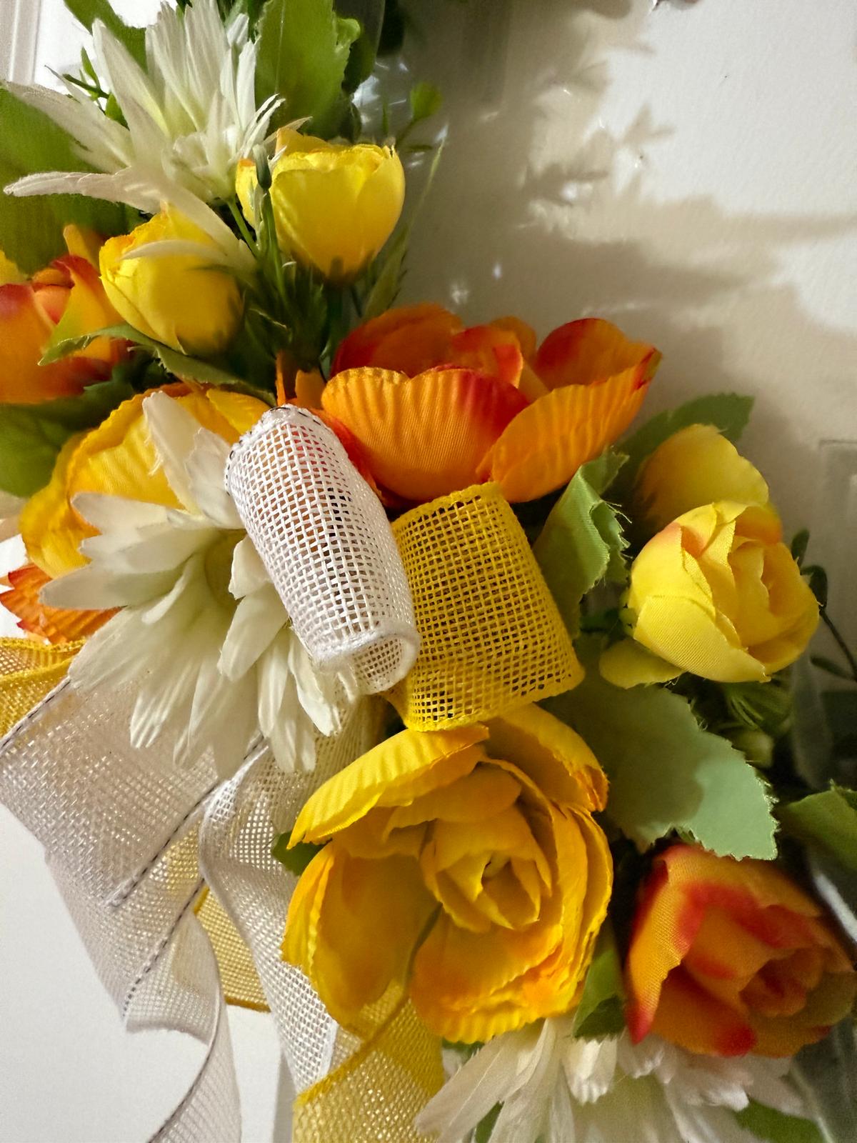 Handmade Beaded Peony Hoop Wreath, with Eucalyptus & Lamb’s Ear Leaves , Burlap Ribbon Bow