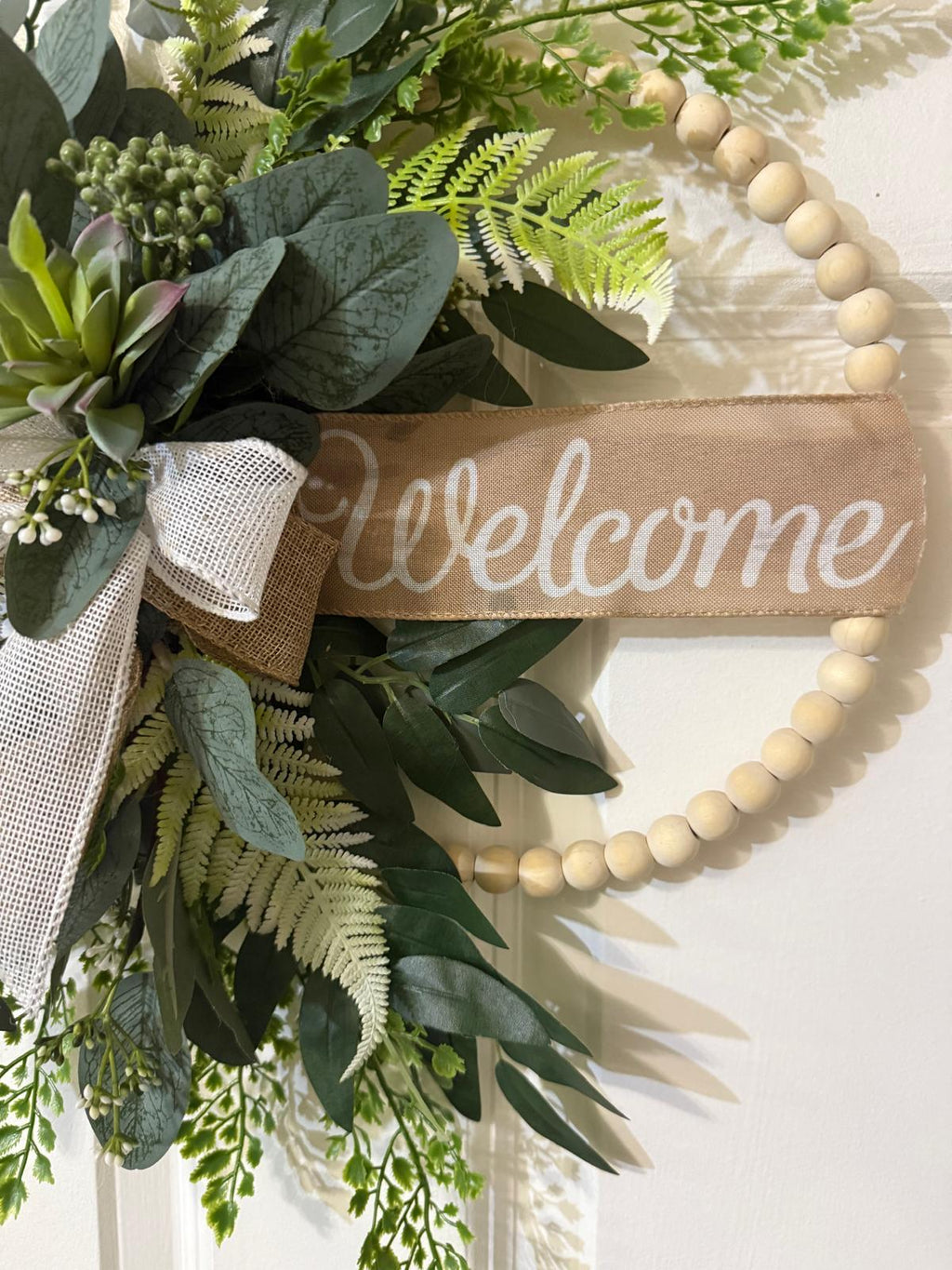 Handmade Welcome Eucalyptus & Fern Wreath, Burlap Ribbon Bow Front Door Decor