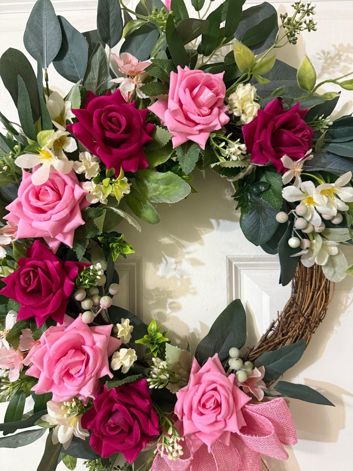 Handmade Pink Rose Valentine's Day Wreath, Eucalyptus Door Decor