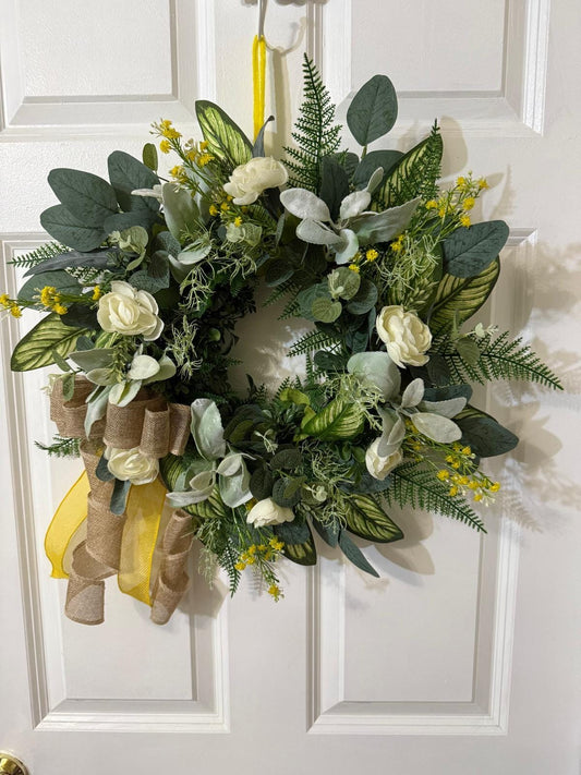 Handmade Eucalyptus Wreath with Lamb’s Ear & Fern Leaves, White Peony Flowers, Burlap Ribbon Bow