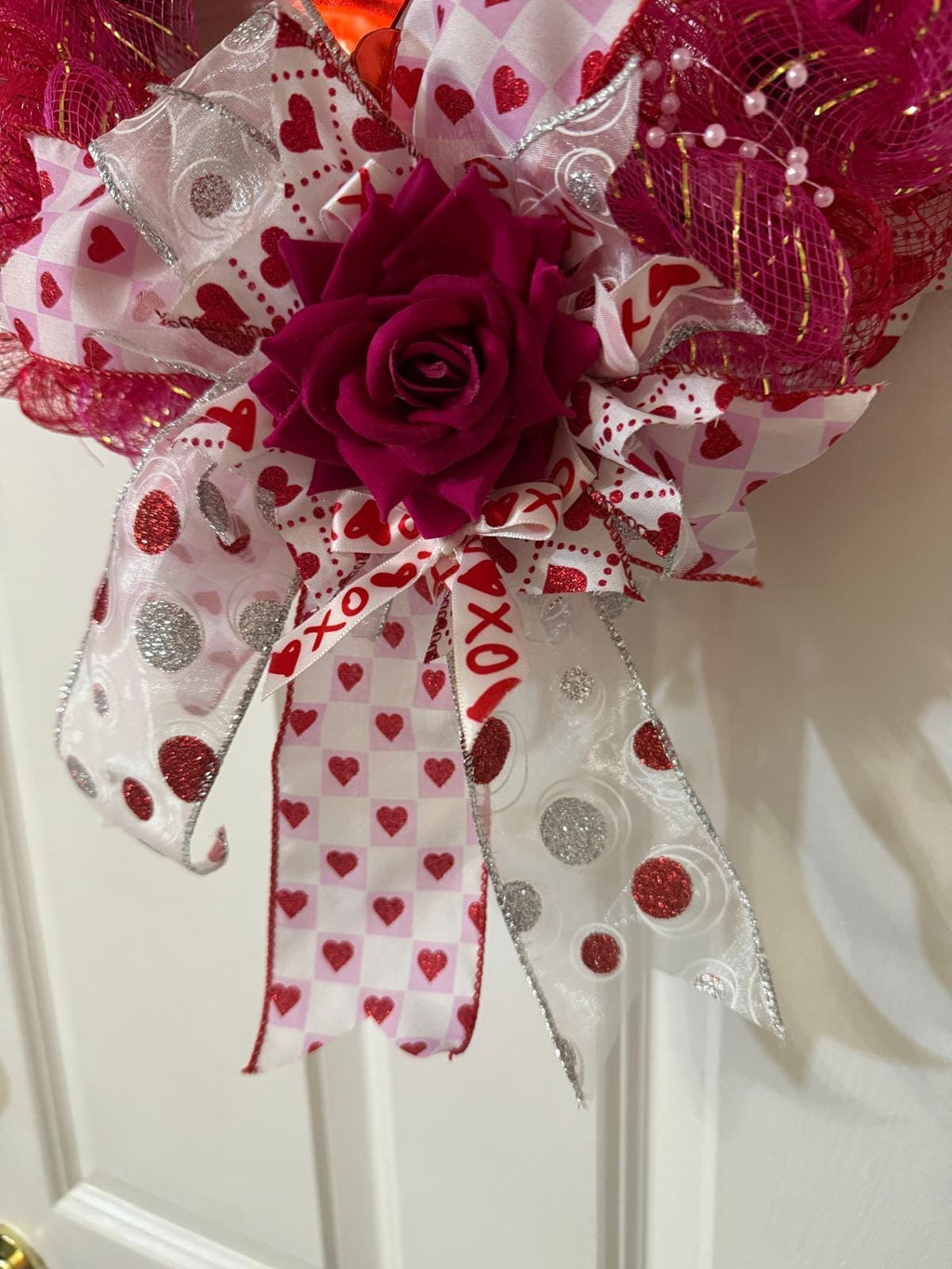 Handmade Valentine’s Day Heart Wreath with Roses, Red & Pink Deco Mesh, Romantic Front Door Decor