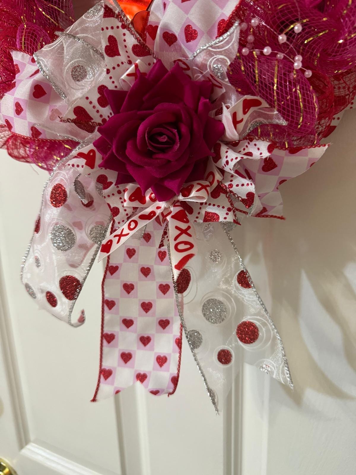 Handmade Valentine’s Day Heart Wreath with Roses, Red & Pink Deco Mesh, Romantic Front Door Decor