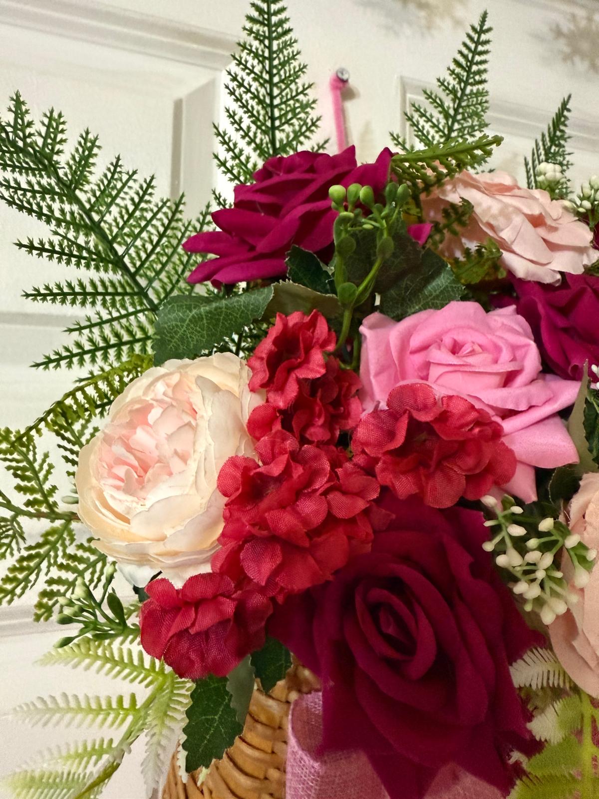 Rose, Peony Floral Door Basket | Fern Leaves, Pink Burgundy Burlap Robbon,Woven Basket Decor