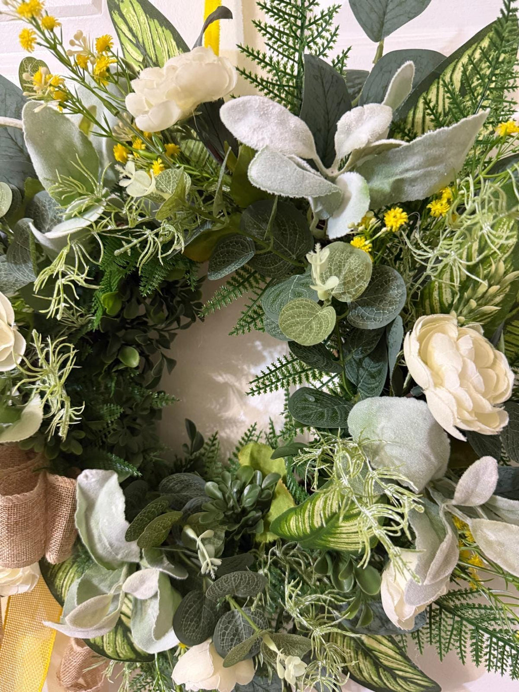 Handmade Eucalyptus Wreath with Lamb’s Ear & Fern Leaves, White Peony Flowers, Burlap Ribbon Bow