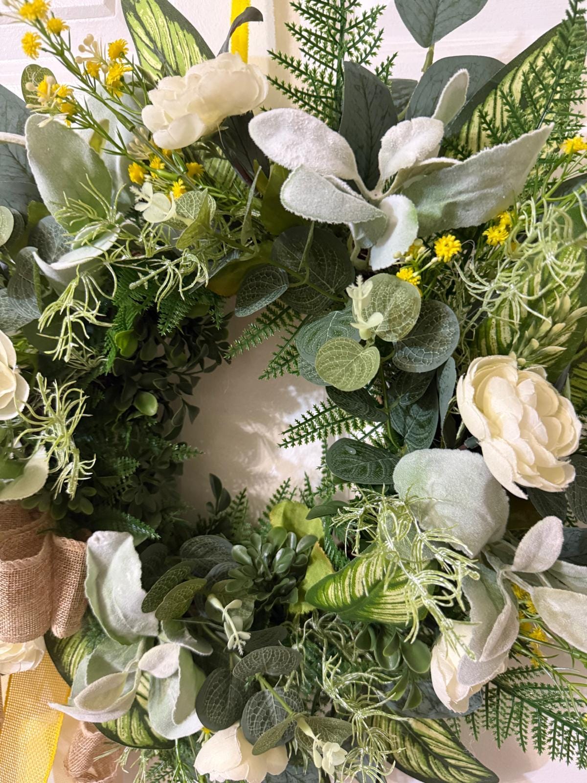 Handmade Eucalyptus Wreath with Lamb’s Ear & Fern Leaves, White Peony Flowers, Burlap Ribbon Bow