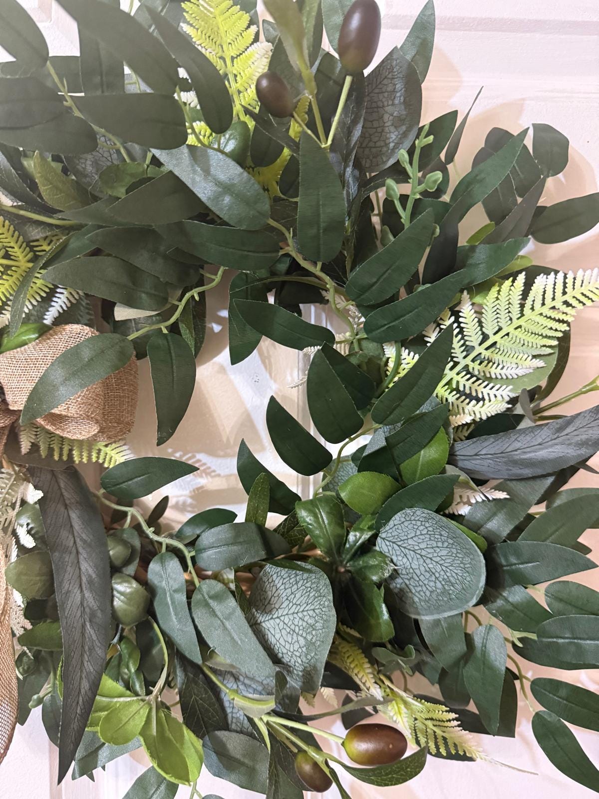 Handmade Eucalyptus  Wreath with Fern Olives Leaves, Burlap Ribbon Bow,
