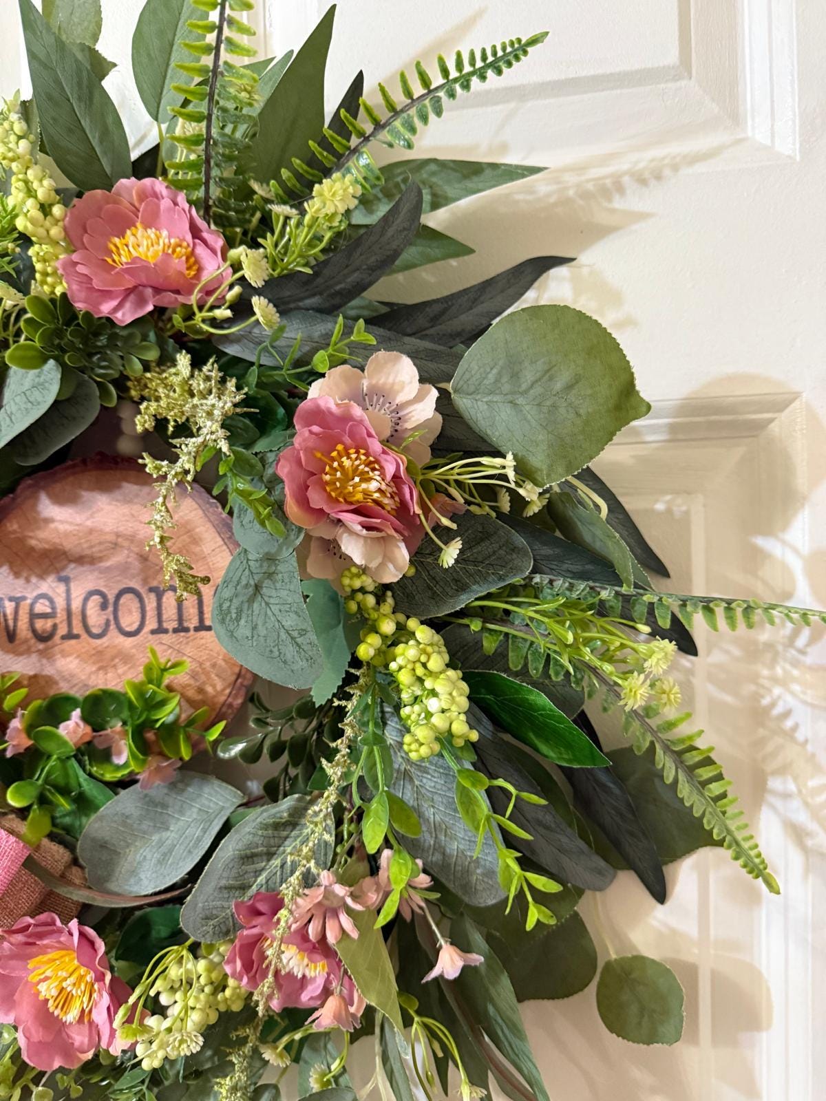 Handmade Welcome Wreath with Pink Roses,Eucalyptus Leaves, Burlap Ribbon