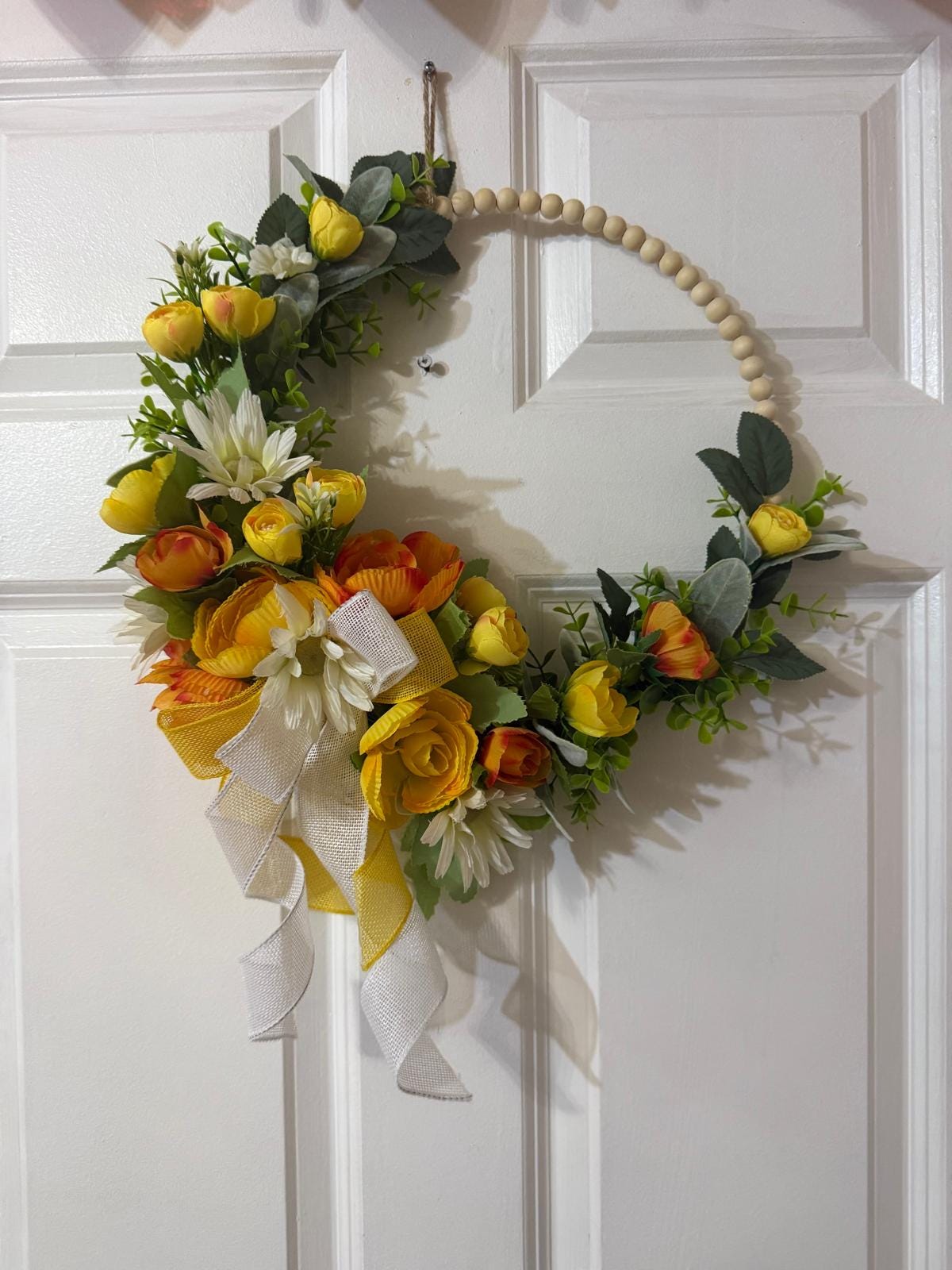 Handmade Beaded Peony Hoop Wreath, with Eucalyptus & Lamb’s Ear Leaves , Burlap Ribbon Bow