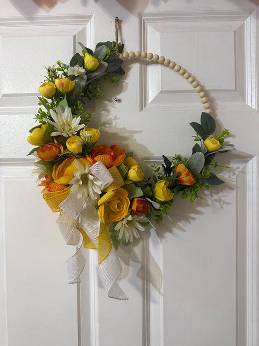 Handmade Beaded Peony Hoop Wreath, with Eucalyptus & Lamb’s Ear Leaves , Burlap Ribbon Bow