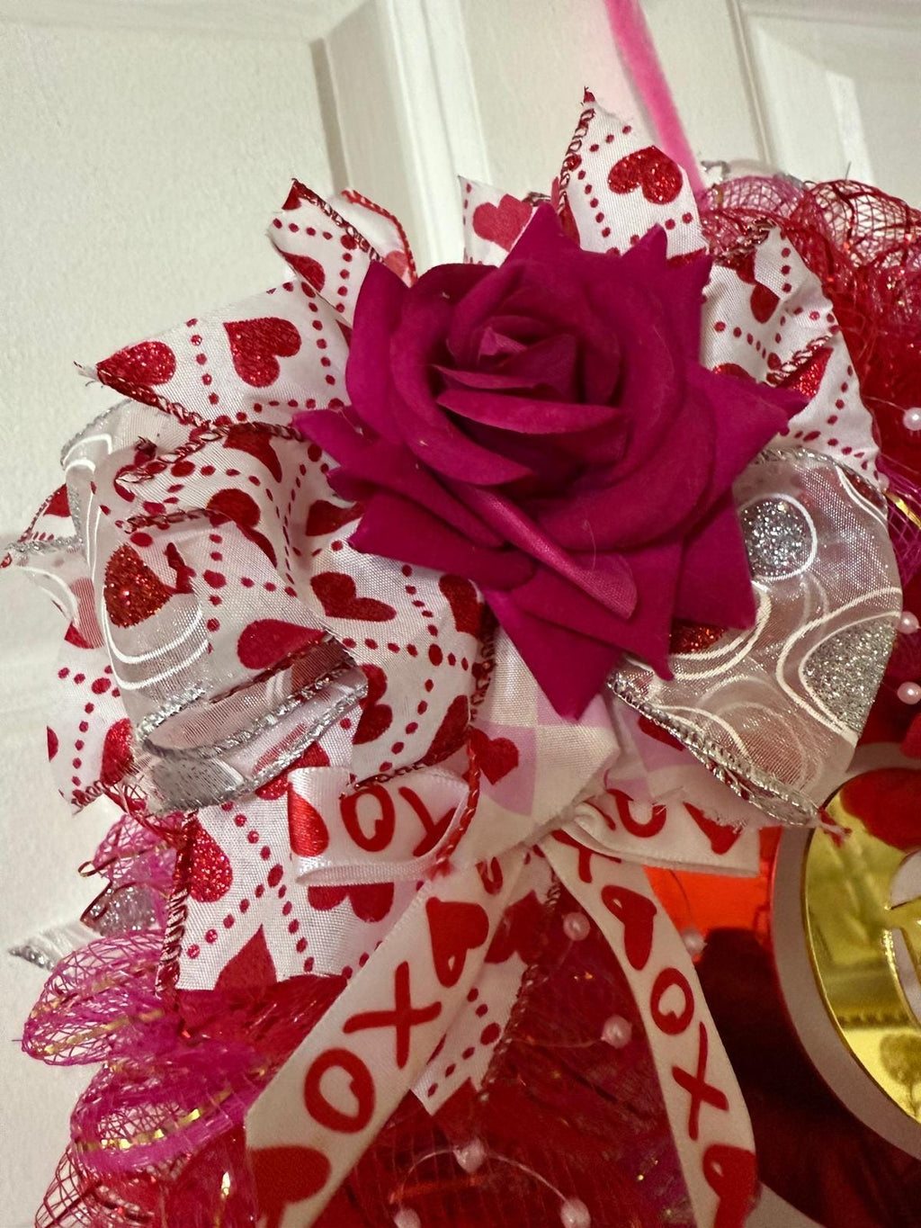 Handmade Valentine’s Day Heart Wreath with Roses, Red & Pink Deco Mesh, Romantic Front Door Decor