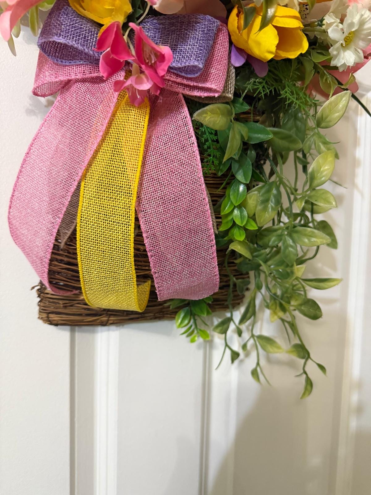 Peach Rose & Tulip Door Basket, Cottagecore Spring Floral Arrangement