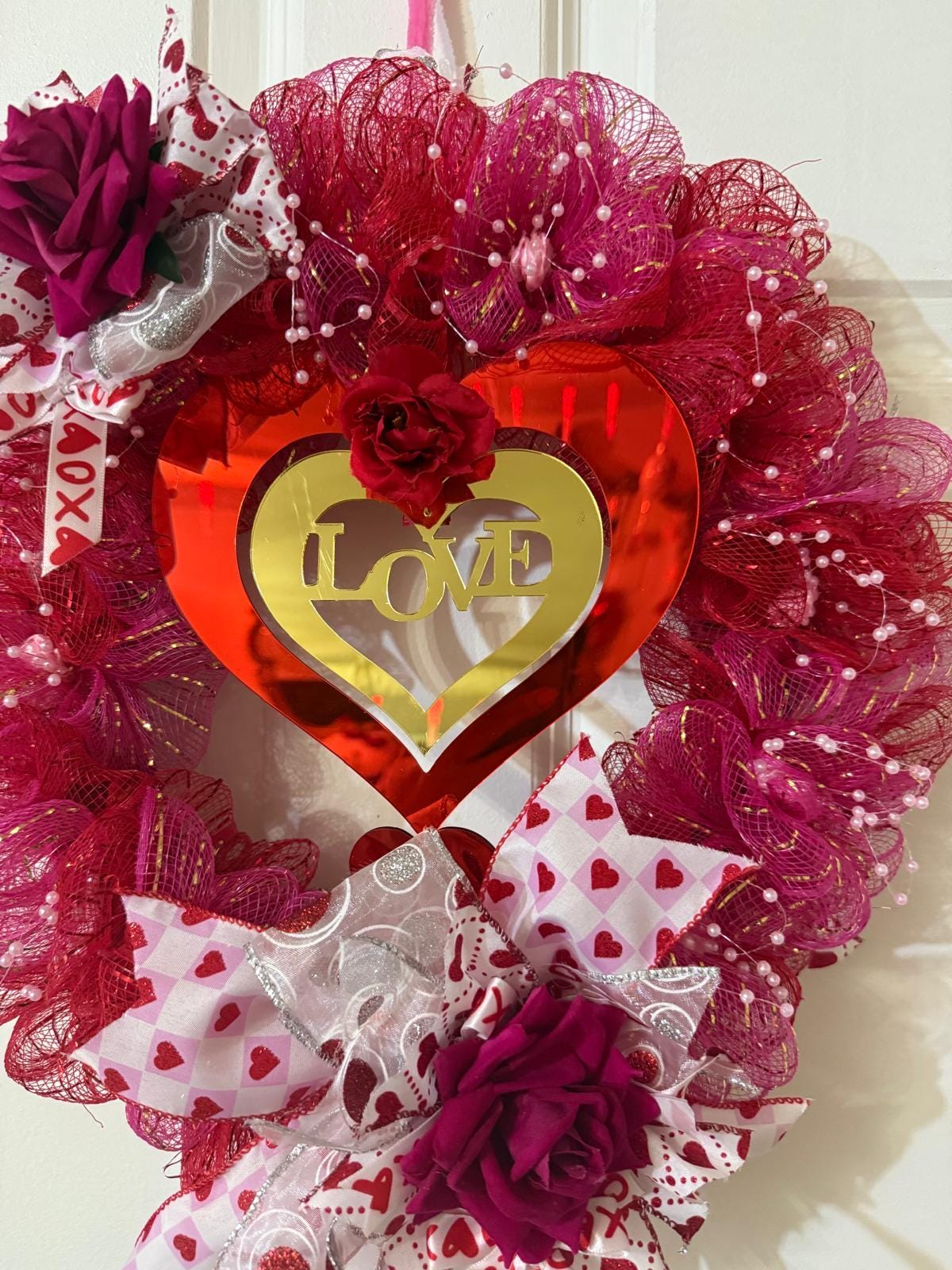 Handmade Valentine’s Day Heart Wreath with Roses, Red & Pink Deco Mesh, Romantic Front Door Decor