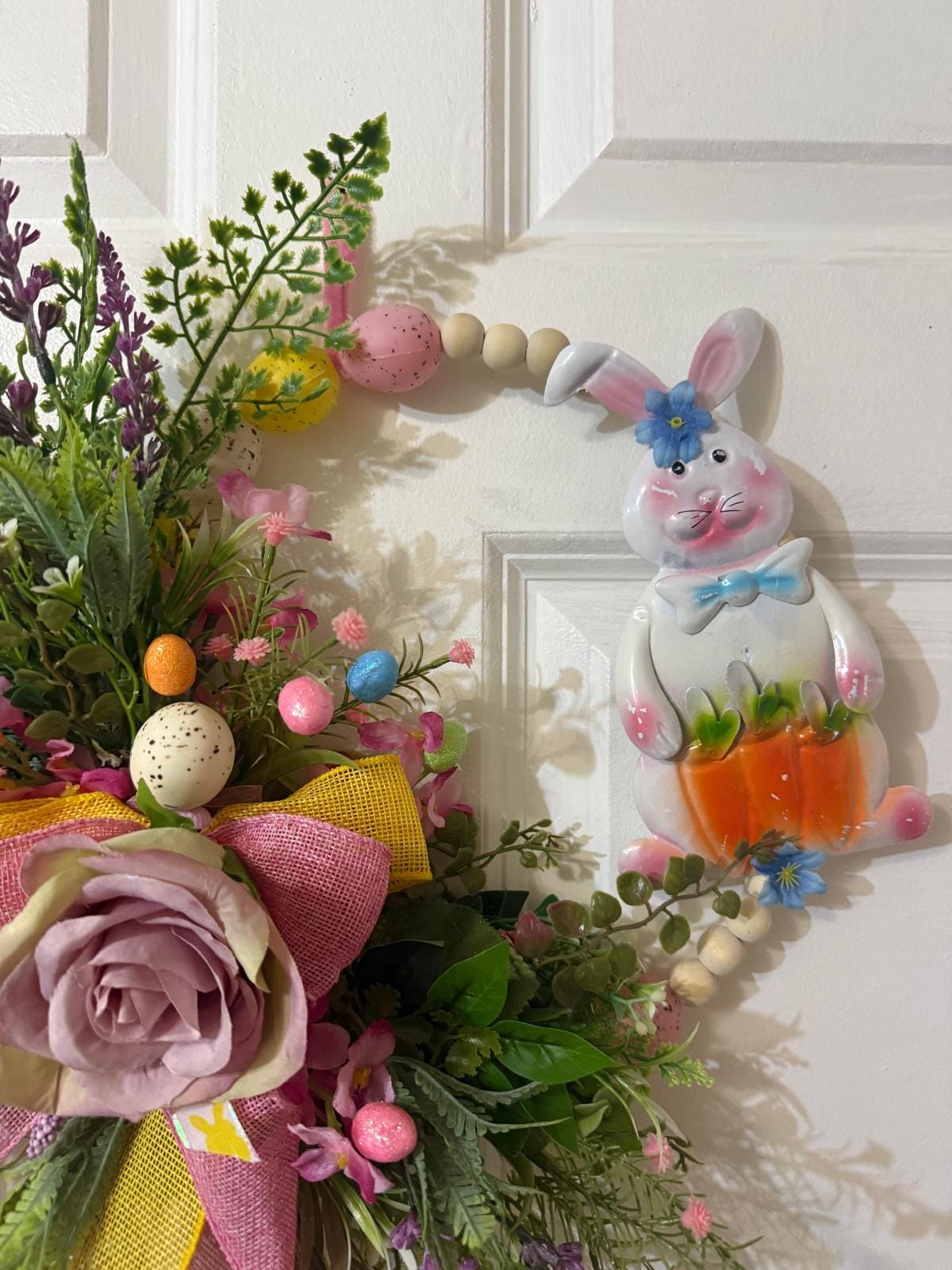 Handmade Easter Bunny Wreath, Lavender Floral, Pastel Egg Decor
