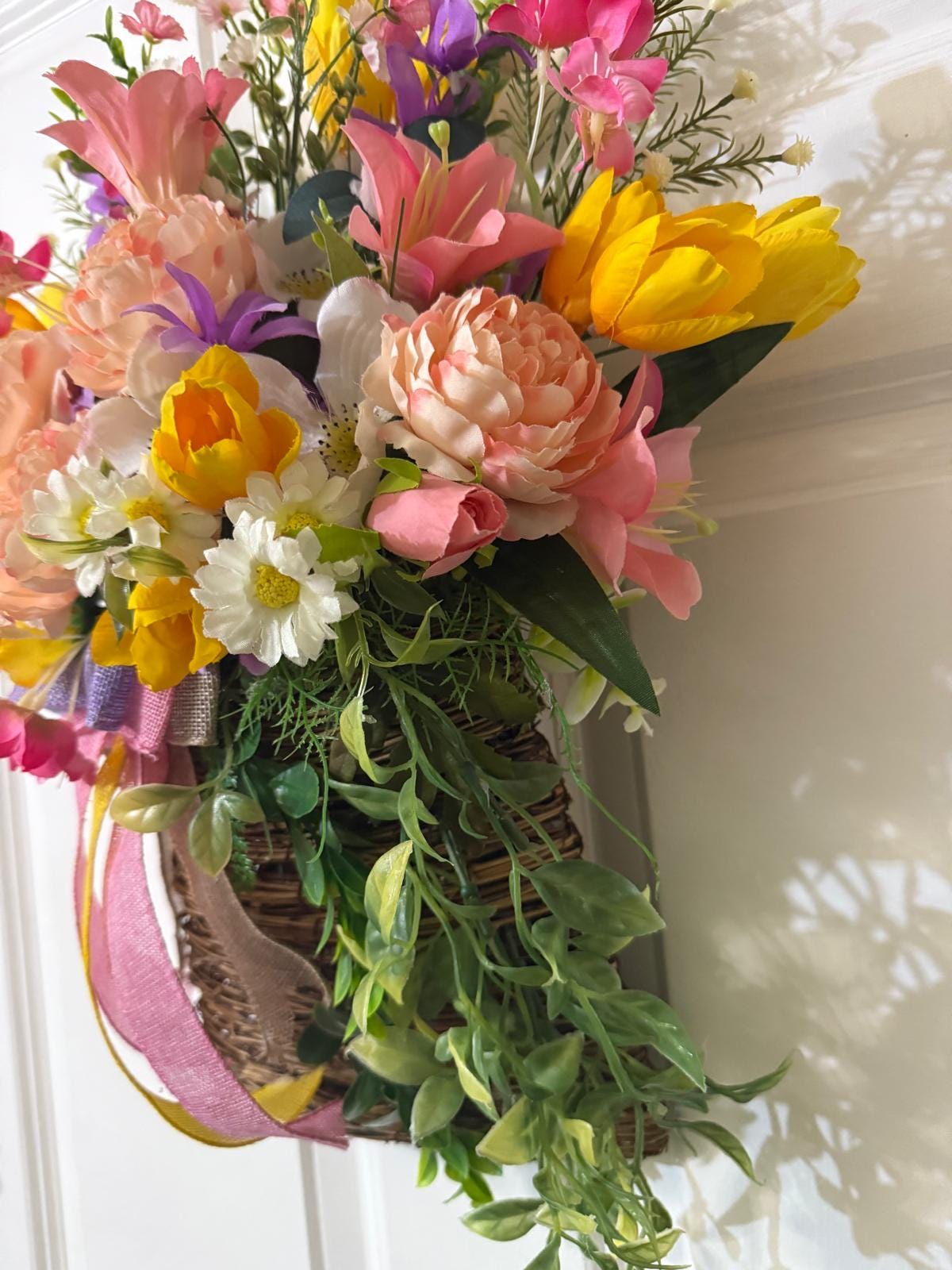 Peach Rose & Tulip Door Basket, Cottagecore Spring Floral Arrangement