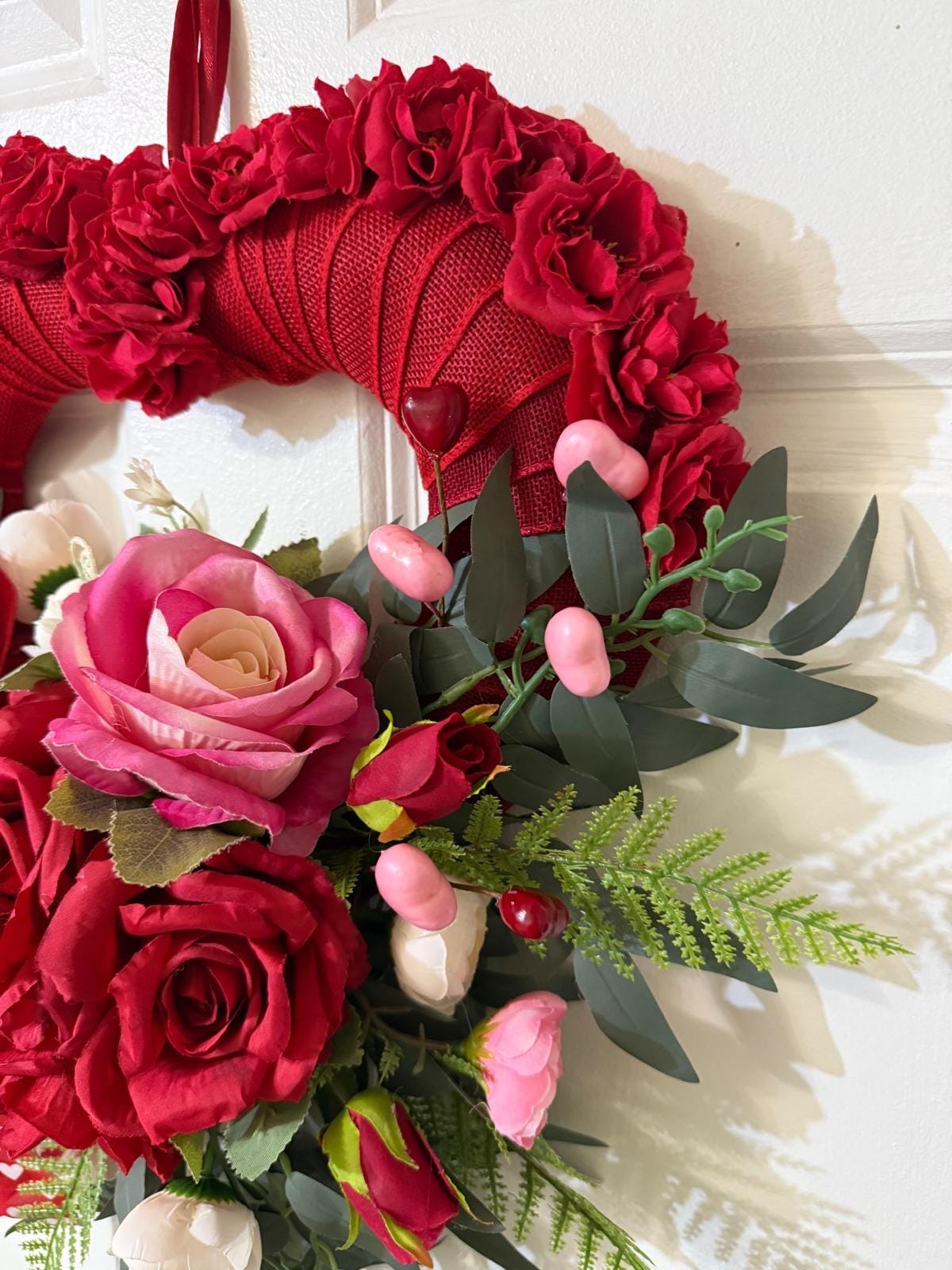 Valentine's Day Handmade Rose Heart Wreath with Pink, Red Roses, Fern , Willow leaves