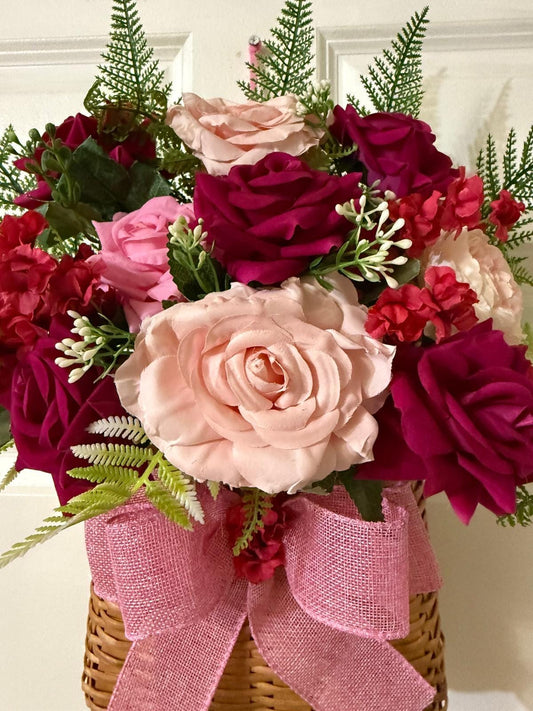 Rose, Peony Floral Door Basket | Fern Leaves, Pink Burgundy Burlap Robbon,Woven Basket Decor