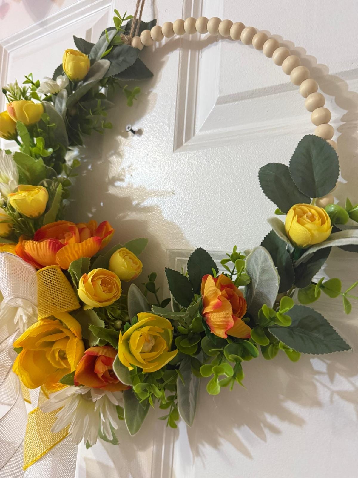 Handmade Beaded Peony Hoop Wreath, with Eucalyptus & Lamb’s Ear Leaves , Burlap Ribbon Bow