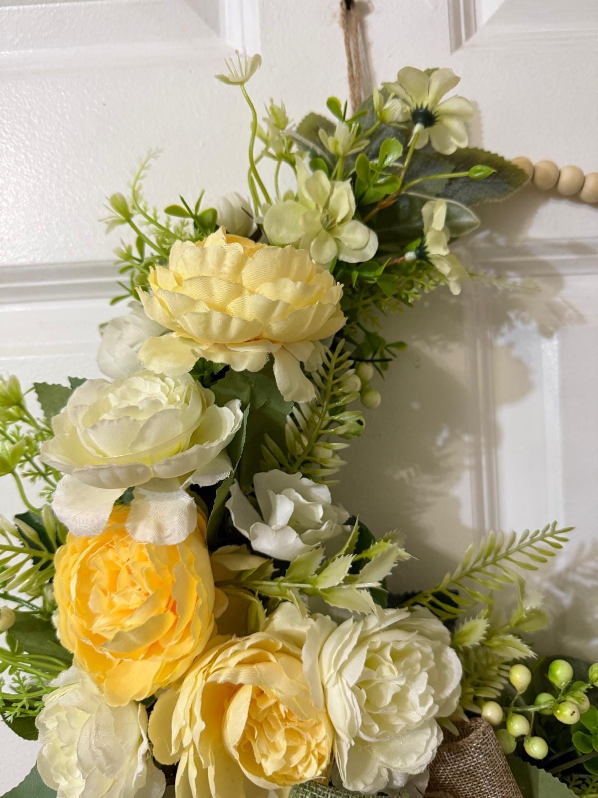 Handmade Peony Hoop Wreath, Fern, Lamb’s Ear Leaves, Burlap Ribbon Bow, 17 Inches