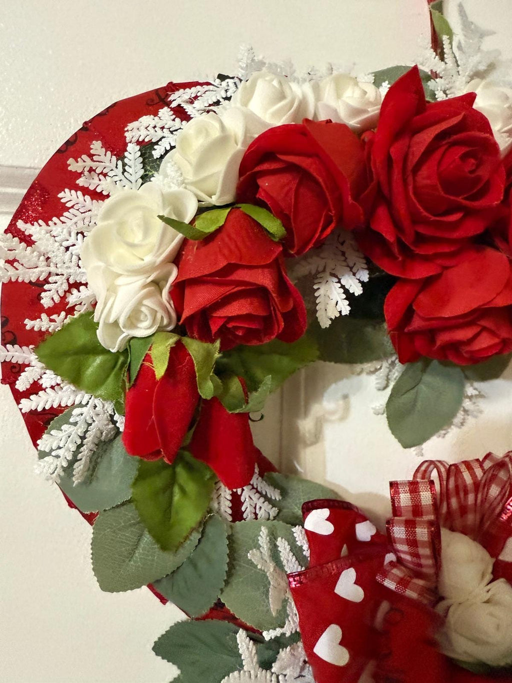 Valentine’s Day Handcrafted Romantic Wreath with Red & White Roses, Heart Decor, Ribbon
