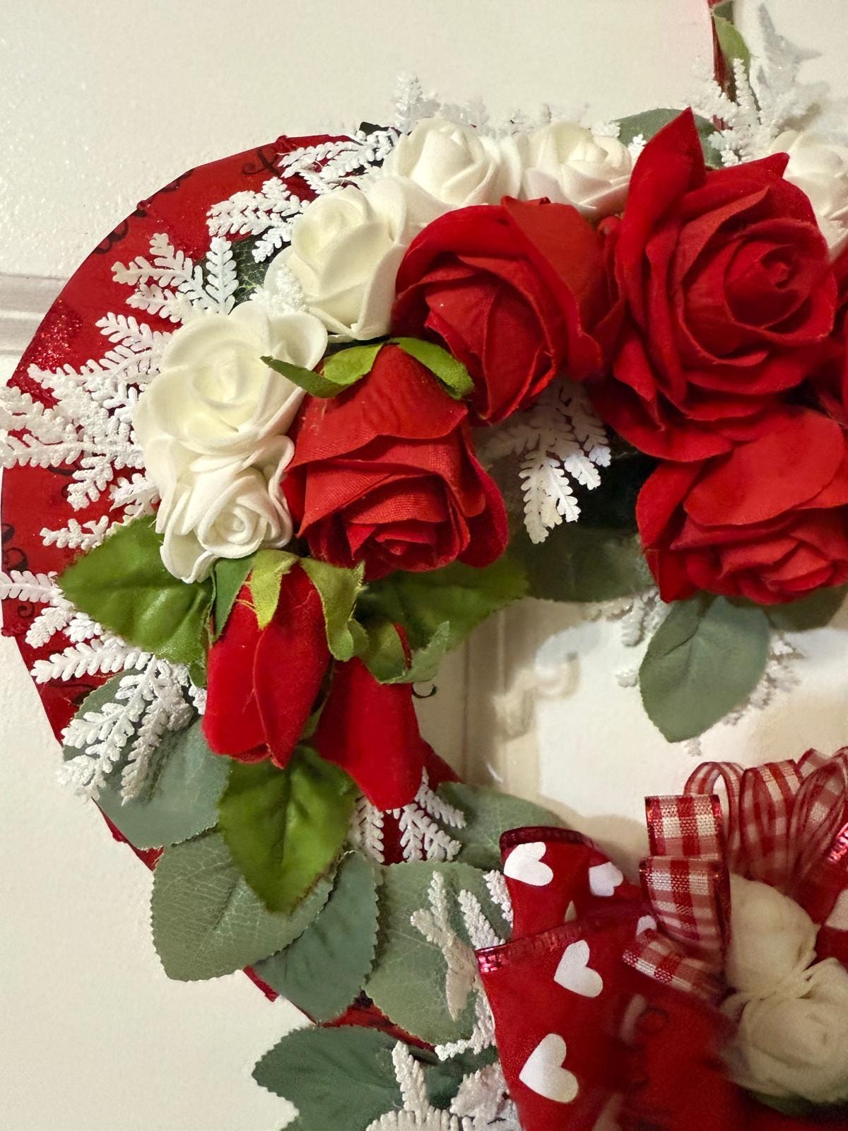Valentine’s Day Handcrafted Romantic Wreath with Red & White Roses, Heart Decor, Ribbon
