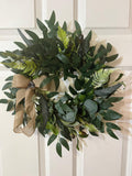 Handmade Eucalyptus  Wreath with Fern Olives Leaves, Burlap Ribbon Bow,