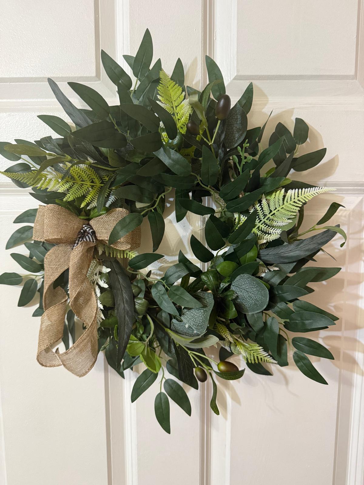 Handmade Eucalyptus  Wreath with Fern Olives Leaves, Burlap Ribbon Bow,
