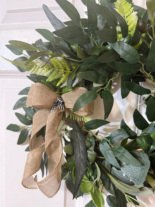 Handmade Eucalyptus  Wreath with Fern Olives Leaves, Burlap Ribbon Bow,
